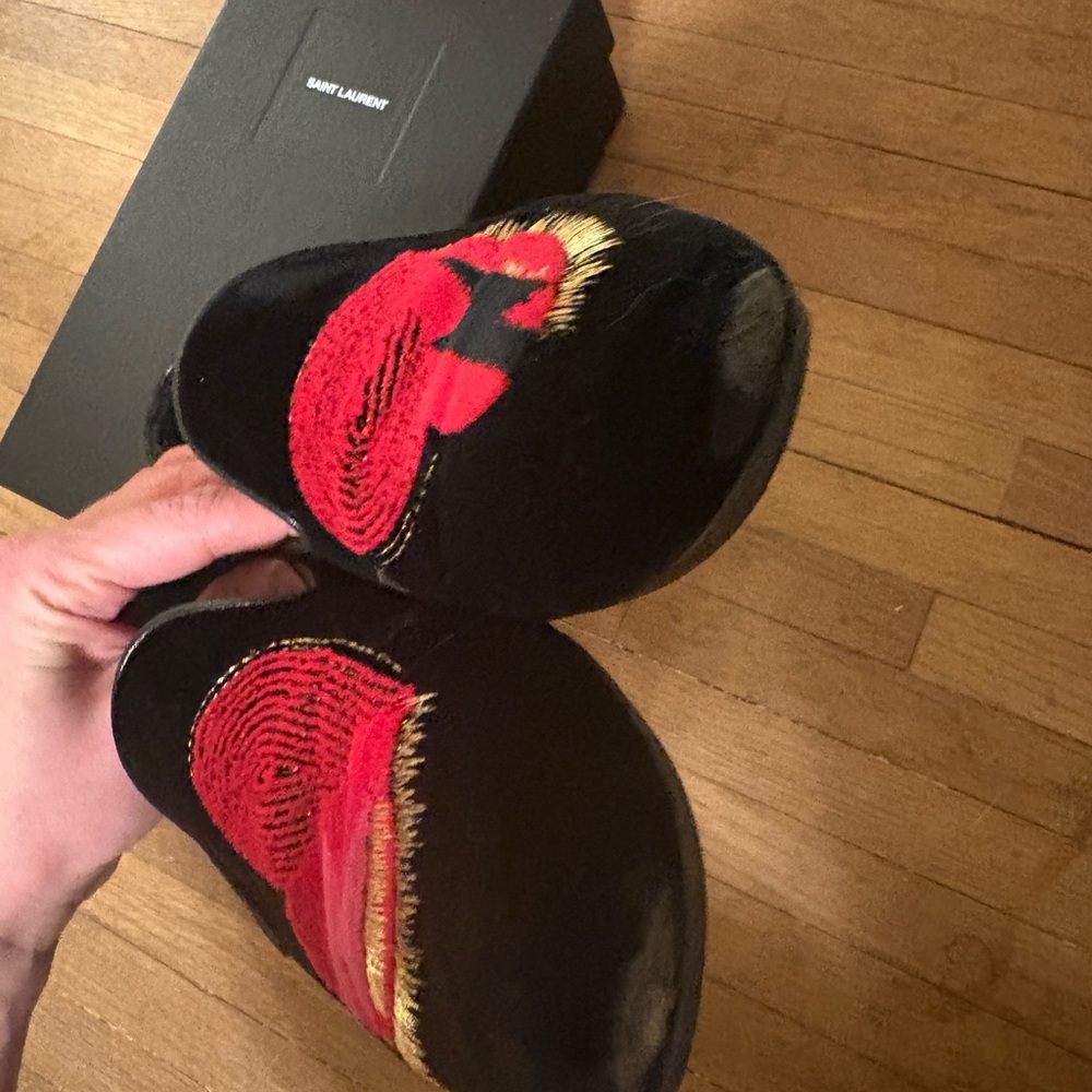 Saint Laurent Black and Red Embroidered Loafers - Picture 5 of 9